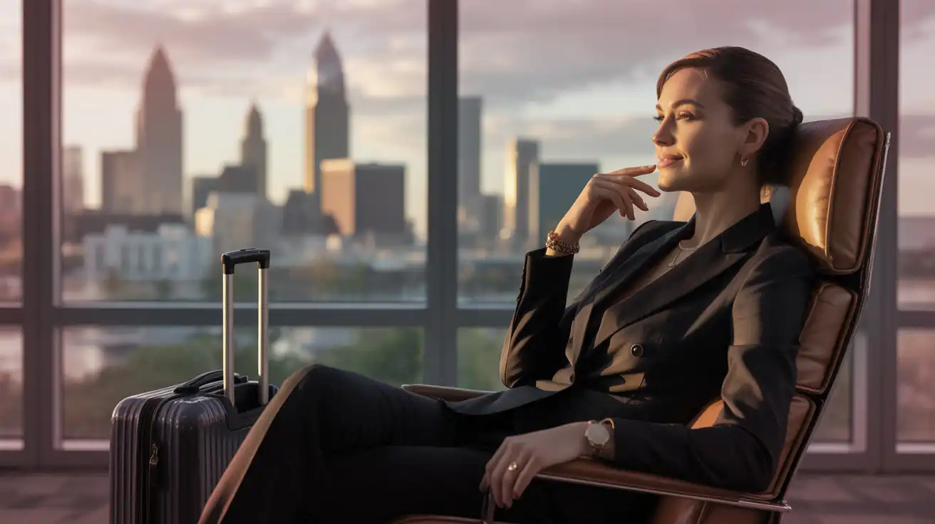 business woman waiting for her ride, cleveland ohio skyline inthe background business woman waiting for her ride, cleveland ohio skyline inthe background